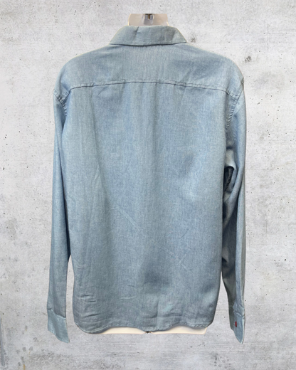 Chambray Button-Up Shirt with Red Buttons & Plaid Collar Detail - XL