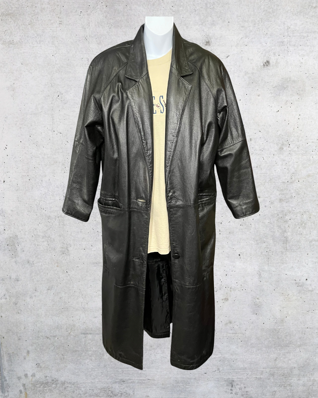 Vintage 90s Black Leather Trench Coat - Petite Large
