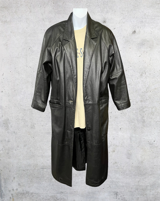 Vintage 90s Black Leather Trench Coat - Petite Large
