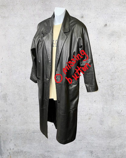 Vintage 90s Black Leather Trench Coat - Petite Large