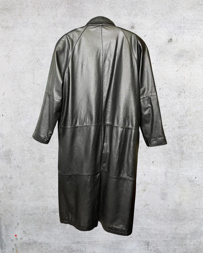 Vintage 90s Black Leather Trench Coat - Petite Large