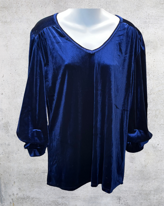 Navy Velvet V-Neck Blouse – Large