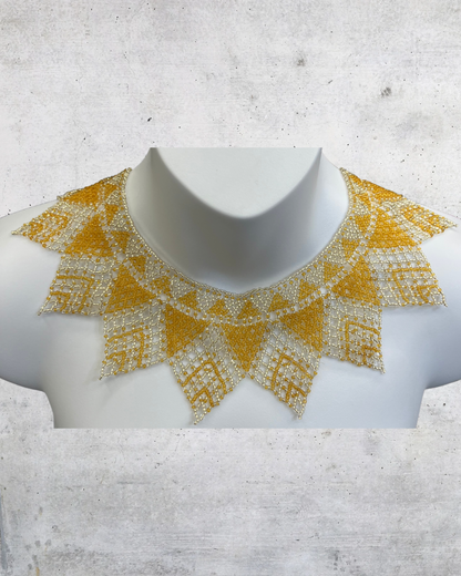 Vintage 1980s Beaded Statement Collar Necklace – Gold & Clear Seed Beads