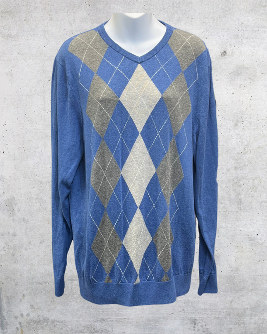 Croft & Barrow Blue Argyle V-Neck Sweater - Large