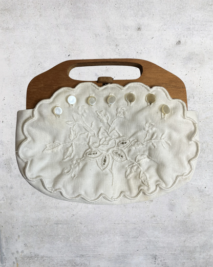 Vintage 70s White Embroidered Wood Handle Clutch