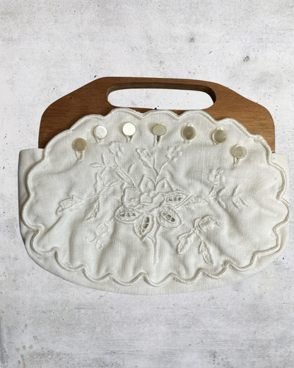 Vintage 70s White Embroidered Wood Handle Clutch