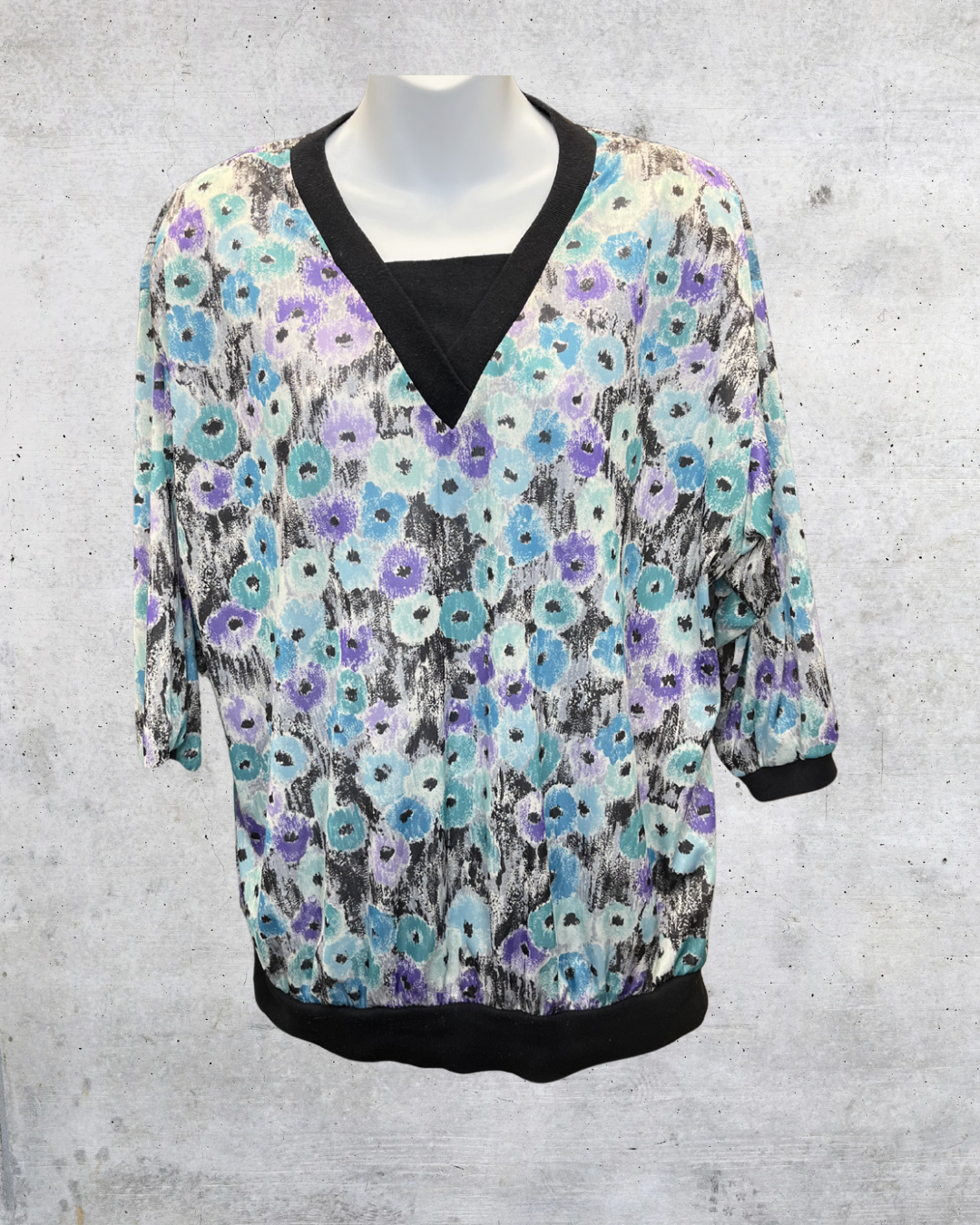 Vintage 80s Abstract Floral Black Trim Blouse - XL