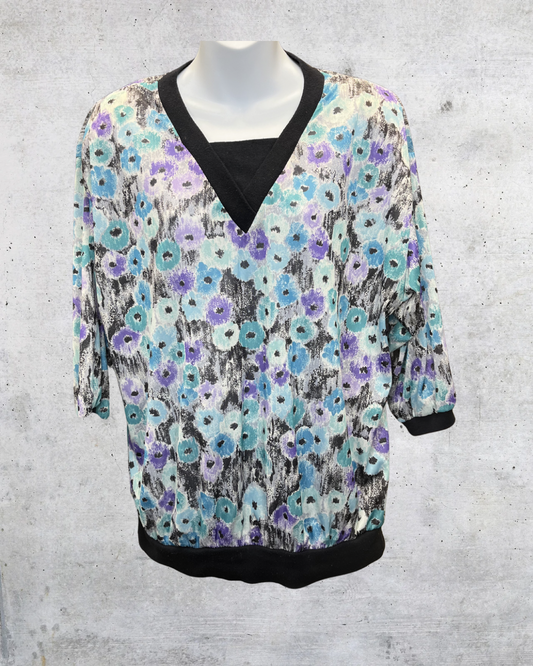Vintage 80s Abstract Floral Black Trim Blouse - XL
