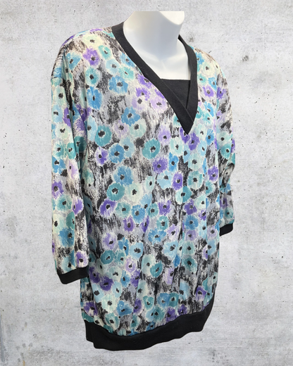Vintage 80s Abstract Floral Black Trim Blouse - XL