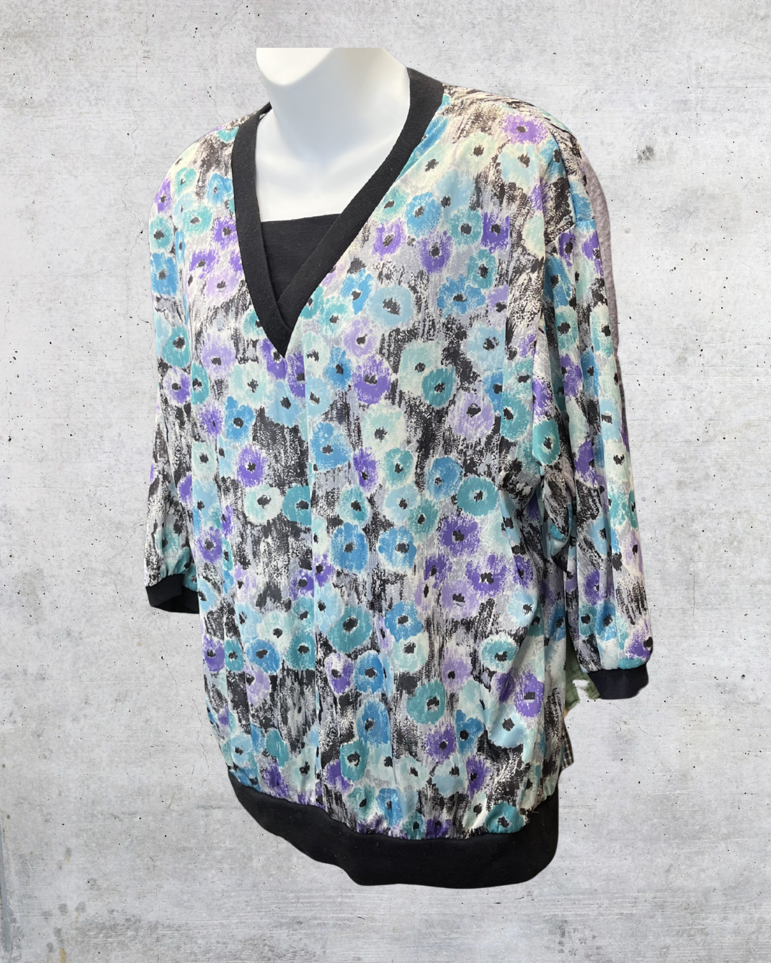 Vintage 80s Abstract Floral Black Trim Blouse - XL