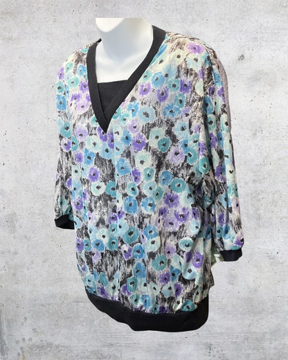 Vintage 80s Abstract Floral Black Trim Blouse - XL