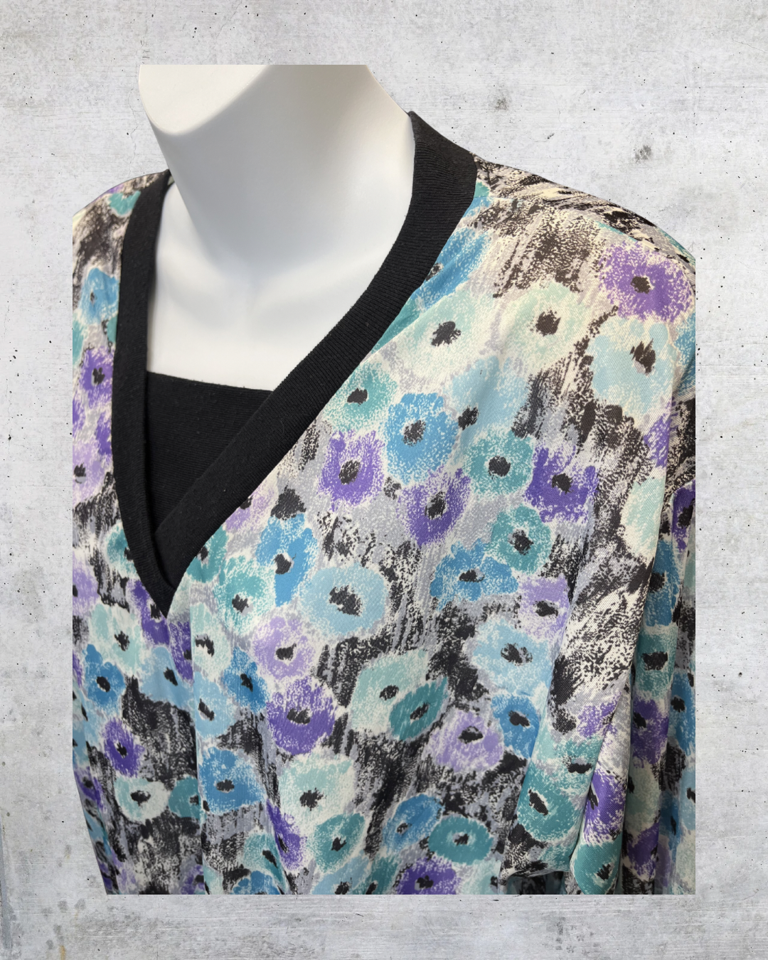 Vintage 80s Abstract Floral Black Trim Blouse - XL