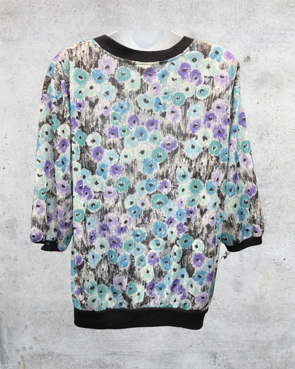 Vintage 80s Abstract Floral Black Trim Blouse - XL
