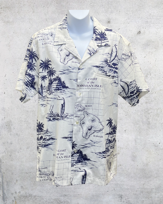 Vintage Rai Nani Hawaiian Isles Map Aloha Shirt - Large