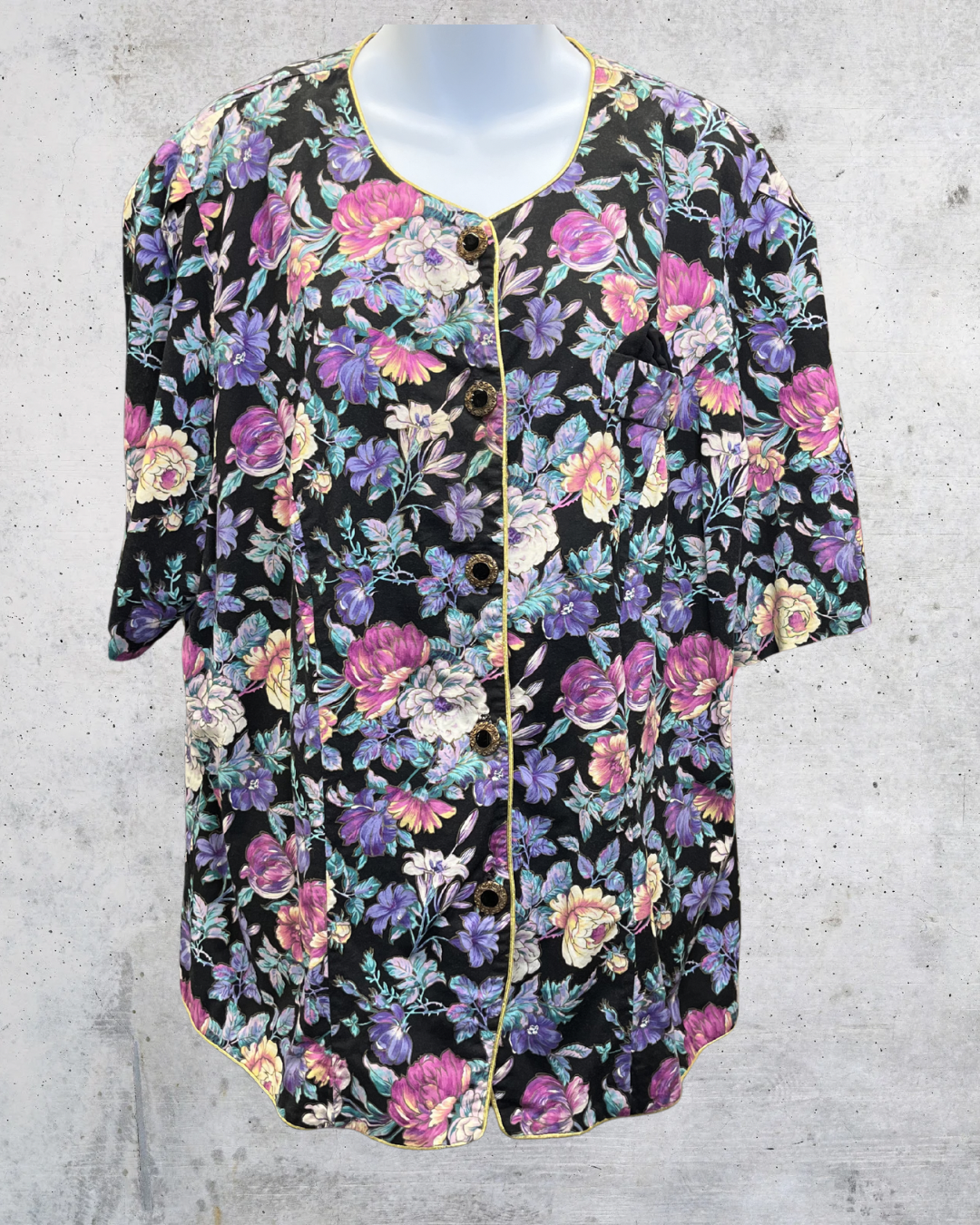 Vintage Tina Barrie Black Floral Button Front Blouse - XXL