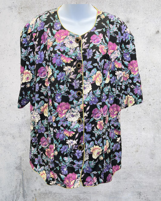 Vintage Tina Barrie Black Floral Button Front Blouse - XXL