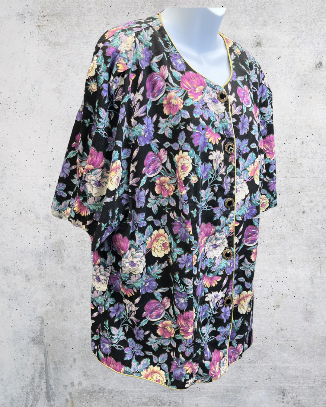 Vintage Tina Barrie Black Floral Button Front Blouse - XXL