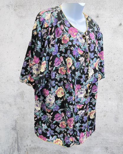 Vintage Tina Barrie Black Floral Button Front Blouse - XXL
