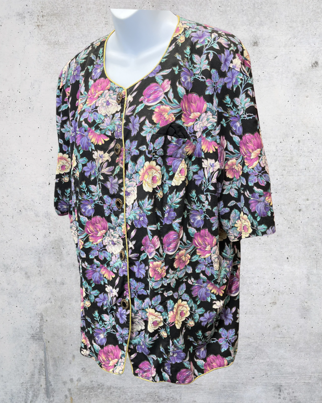 Vintage Tina Barrie Black Floral Button Front Blouse - XXL