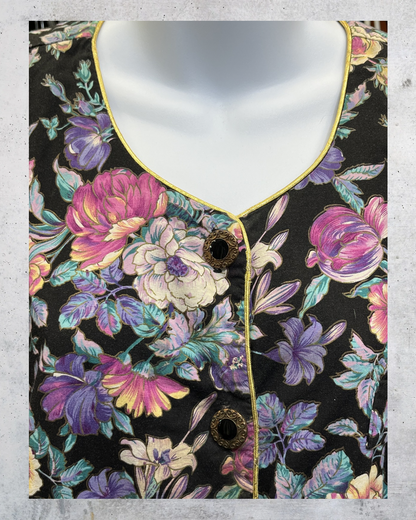 Vintage Tina Barrie Black Floral Button Front Blouse - XXL