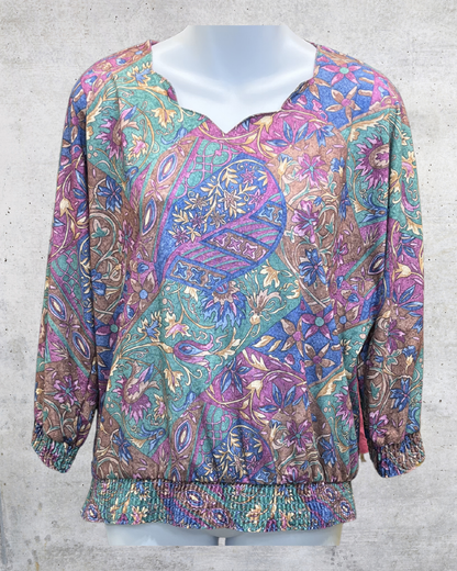 Vintage 90s Teddi Paisley Smocked Hem Blouse - Large