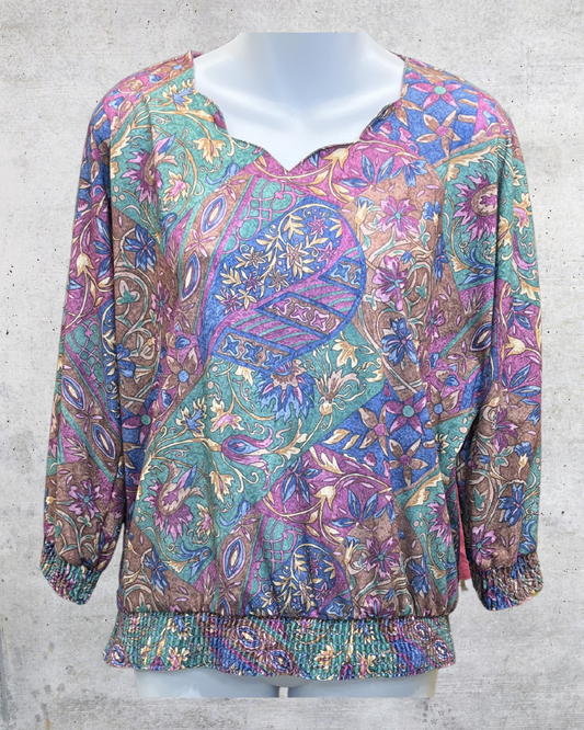 Vintage 90s Teddi Paisley Smocked Hem Blouse - Large