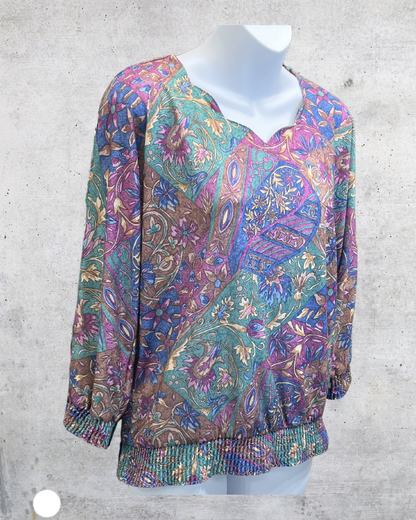 Vintage 90s Teddi Paisley Smocked Hem Blouse - Large
