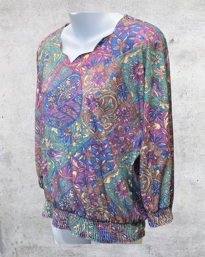 Vintage 90s Teddi Paisley Smocked Hem Blouse - Large