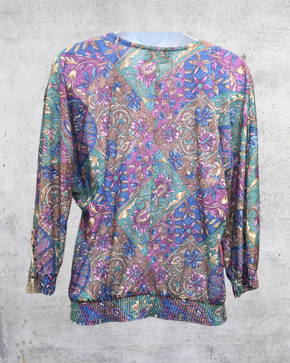 Vintage 90s Teddi Paisley Smocked Hem Blouse - Large