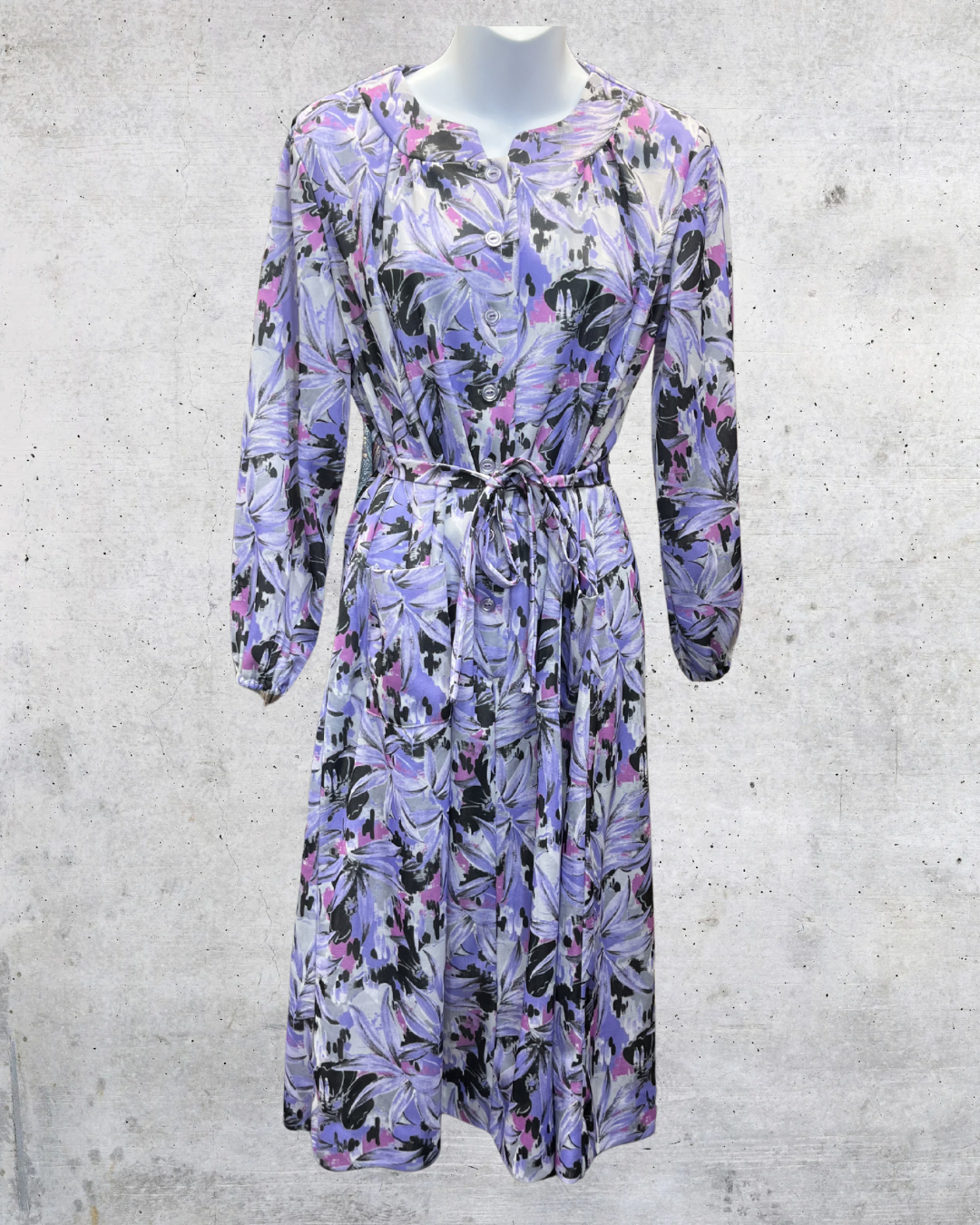 Vintage Nancy Frock Purple Abstract Floral Belted Midi Dress - XL