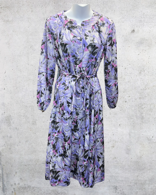 Vintage Nancy Frock Purple Abstract Floral Belted Midi Dress - XL
