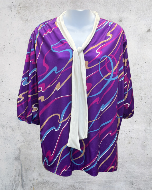 Vintage Sweet N Sassy Purple Abstract Tie-Neck Blouse - XL