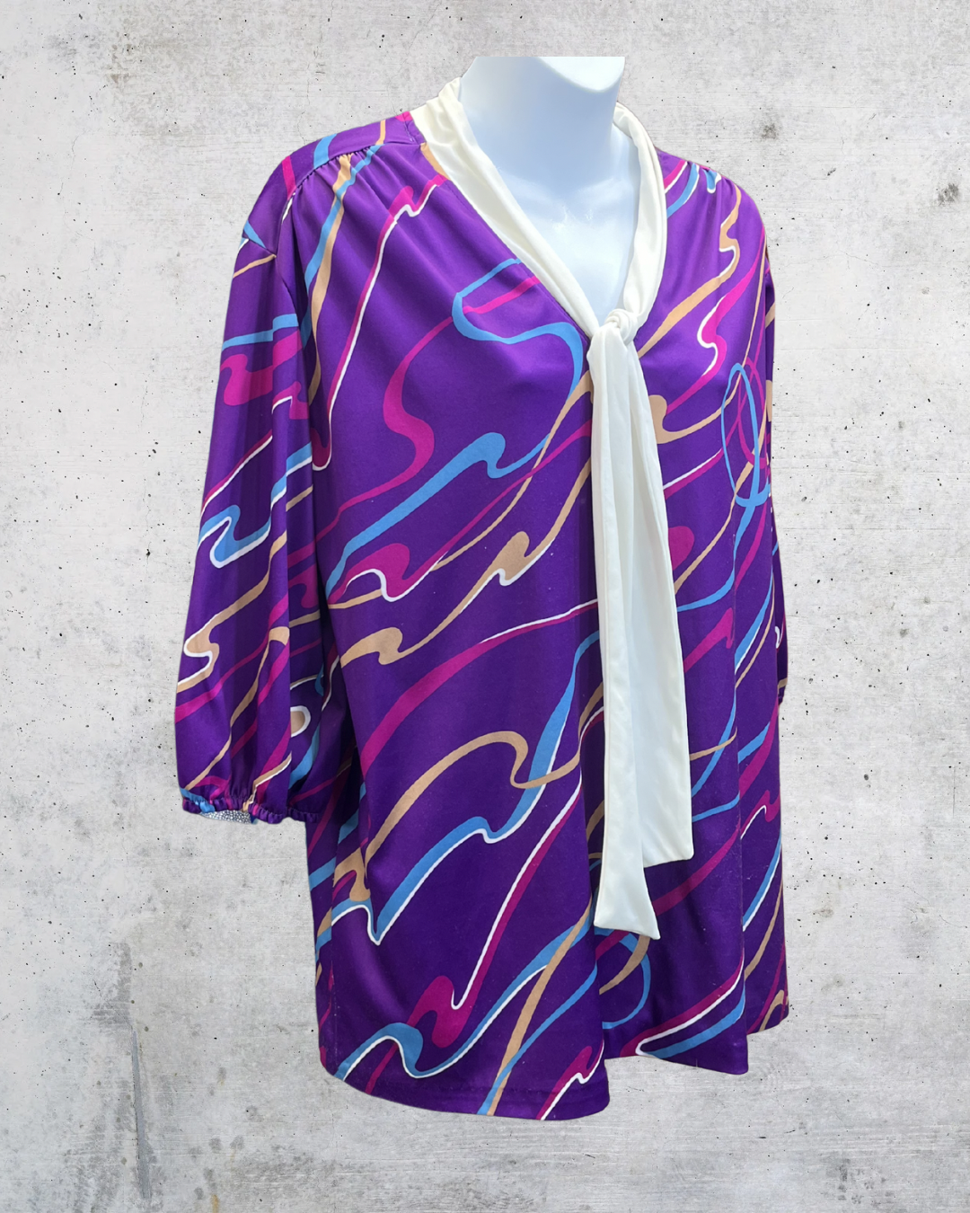 Vintage Sweet N Sassy Purple Abstract Tie-Neck Blouse - XL