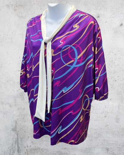 Vintage Sweet N Sassy Purple Abstract Tie-Neck Blouse - XL