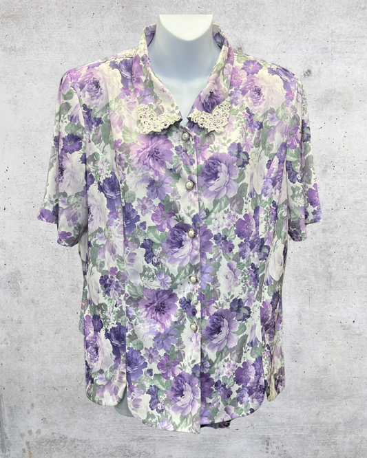 Vintage Adrian Delafield Lavender Floral Lace Collar Blouse - Large