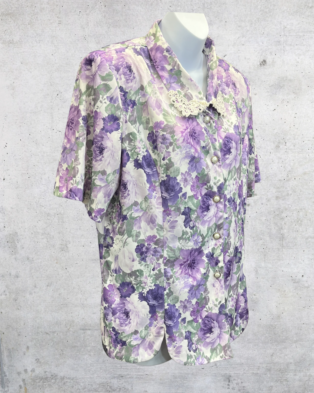 Vintage Adrian Delafield Lavender Floral Lace Collar Blouse - Large