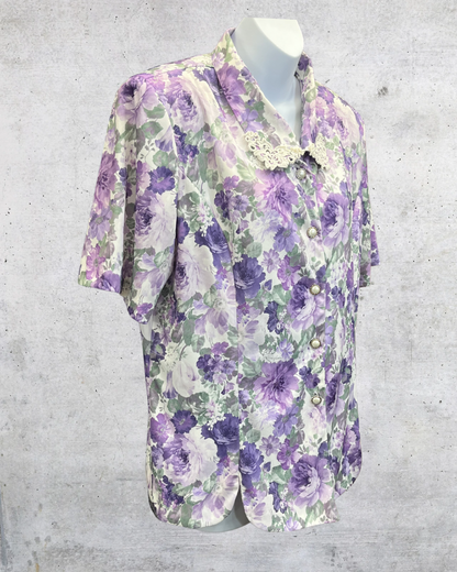 Vintage Adrian Delafield Lavender Floral Lace Collar Blouse - Large
