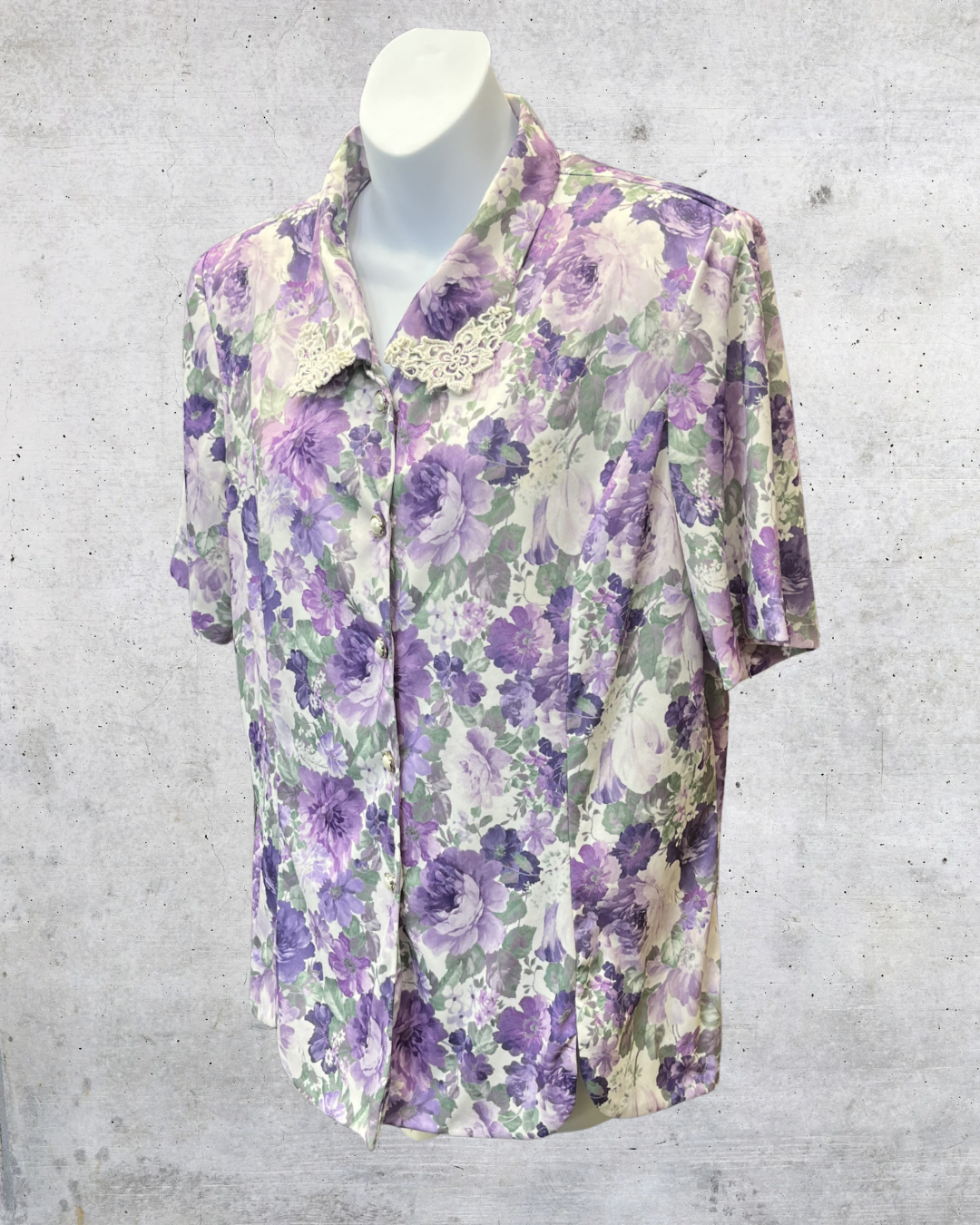 Vintage Adrian Delafield Lavender Floral Lace Collar Blouse - Large