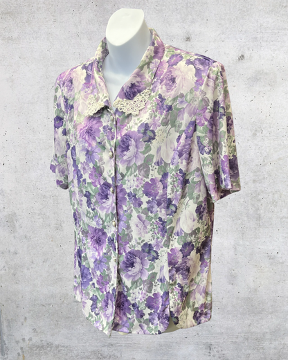 Vintage Adrian Delafield Lavender Floral Lace Collar Blouse - Large