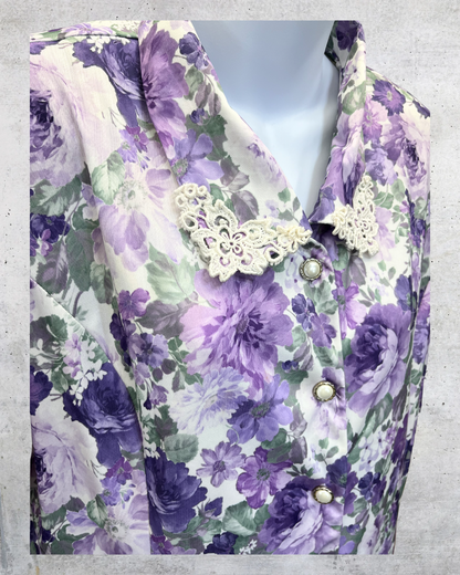 Vintage Adrian Delafield Lavender Floral Lace Collar Blouse - Large