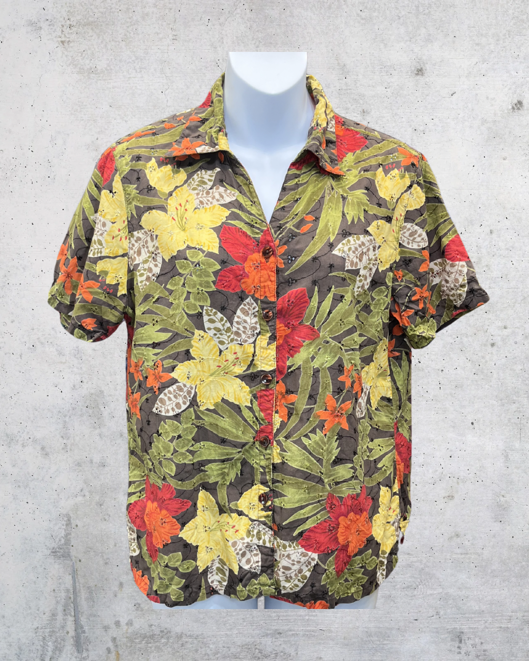 Erika Tropical Floral Cotton Button Up Blouse - Small