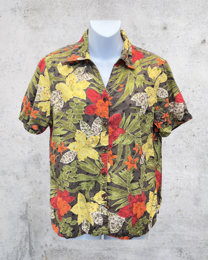 Erika Tropical Floral Cotton Button Up Blouse - Small