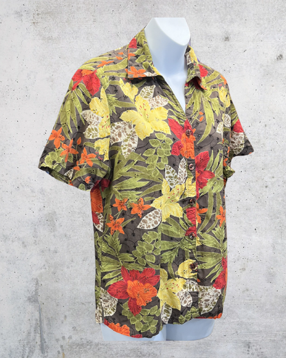 Erika Tropical Floral Cotton Button Up Blouse - Small