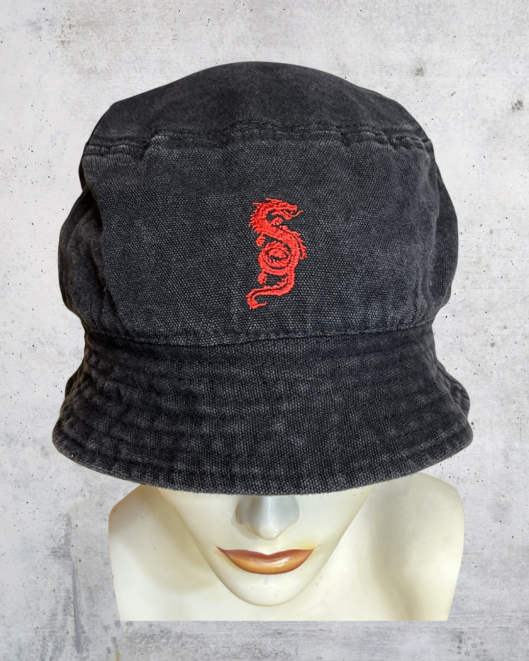 Y2K Subdued Black Bucket Hat Red Dragon Embroidery - One Size