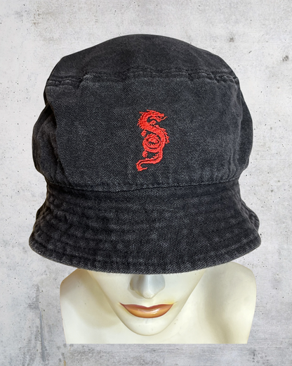 Y2K Subdued Black Bucket Hat Red Dragon Embroidery - One Size