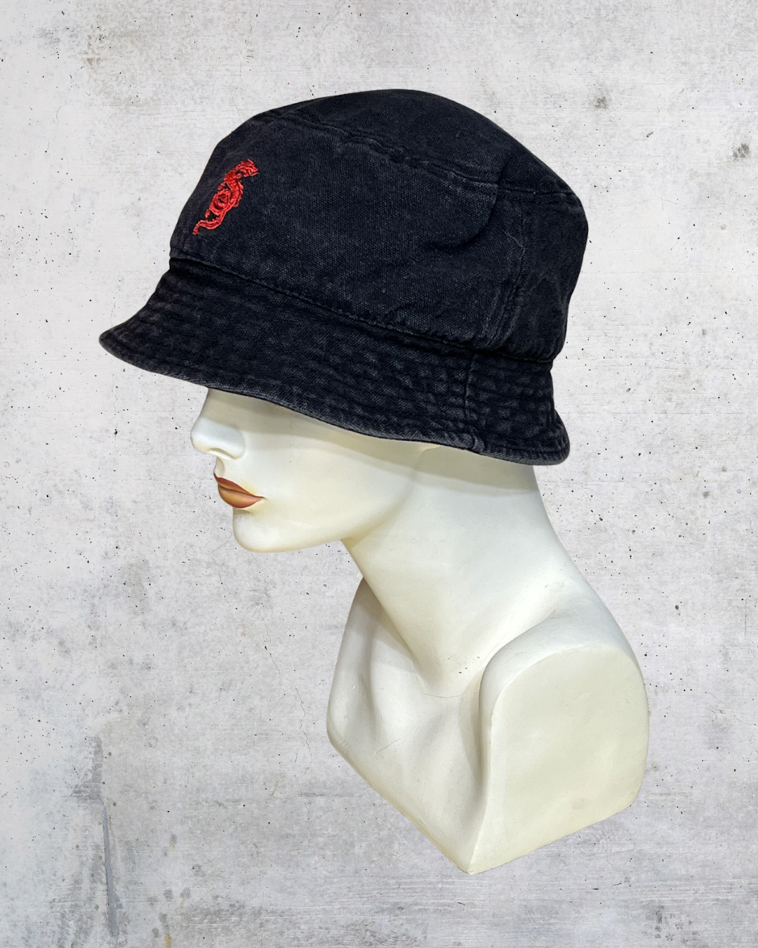 Y2K Subdued Black Bucket Hat Red Dragon Embroidery - One Size