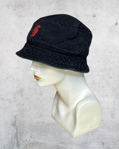 Y2K Subdued Black Bucket Hat Red Dragon Embroidery - One Size