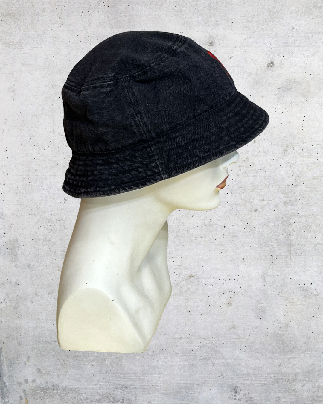 Y2K Subdued Black Bucket Hat Red Dragon Embroidery - One Size