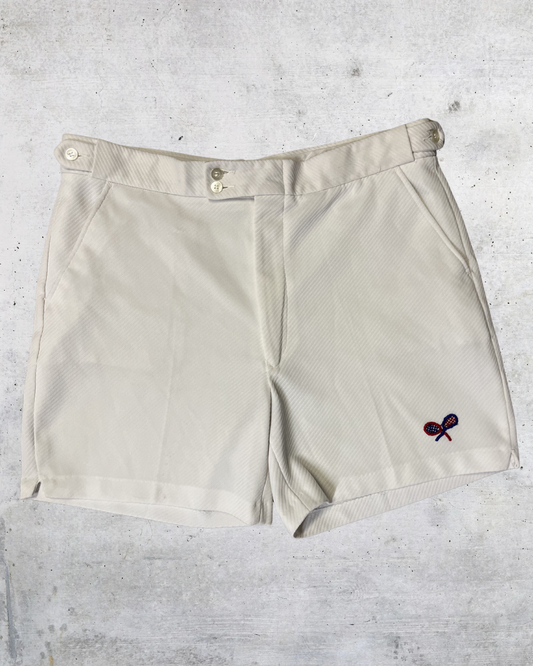 Vintage White Double Knit Tennis Shorts With Embroidered Racquets - Size 38