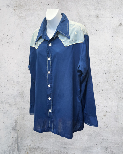 Vintage 70s Wrangler Blue Floral Yoke Western Shirt – XL